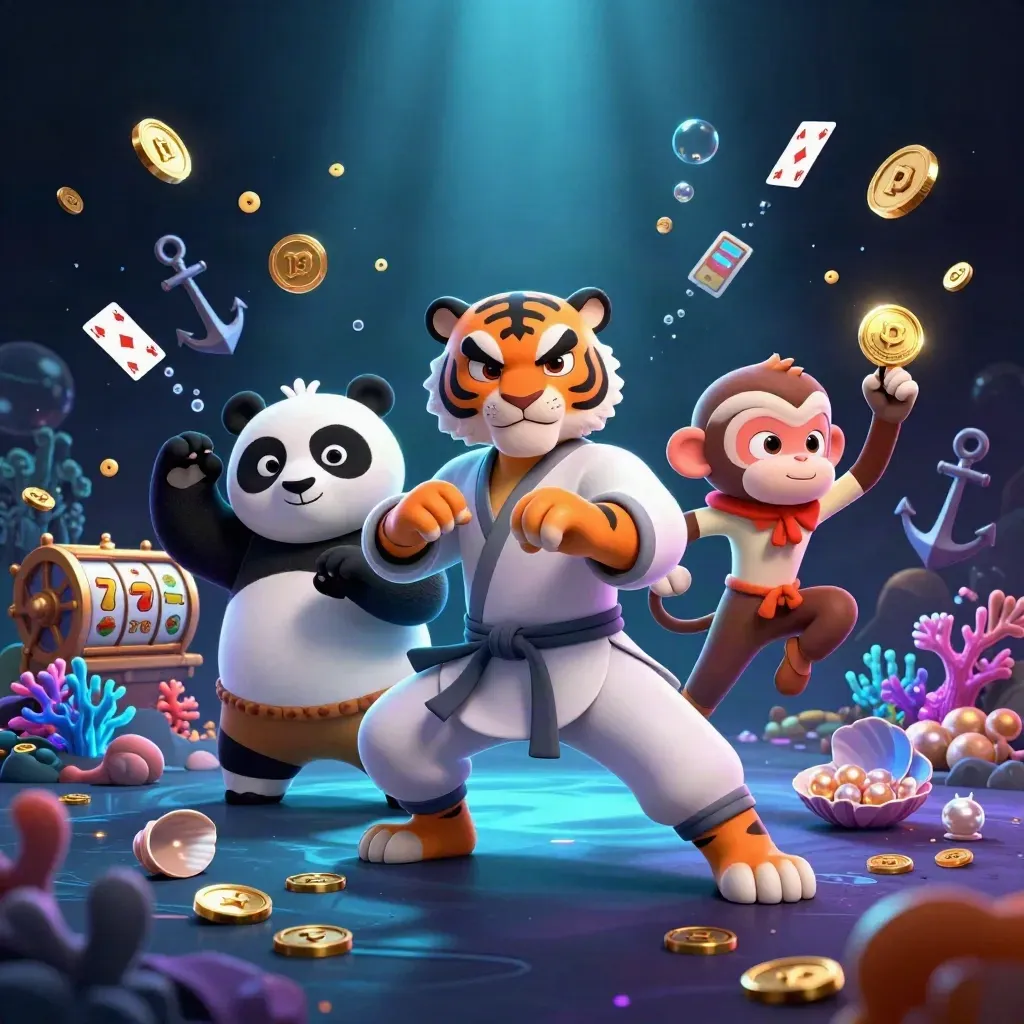 Kung-fu tiger, panda, and monkey in a glowing underwater slot cove with coins and reels