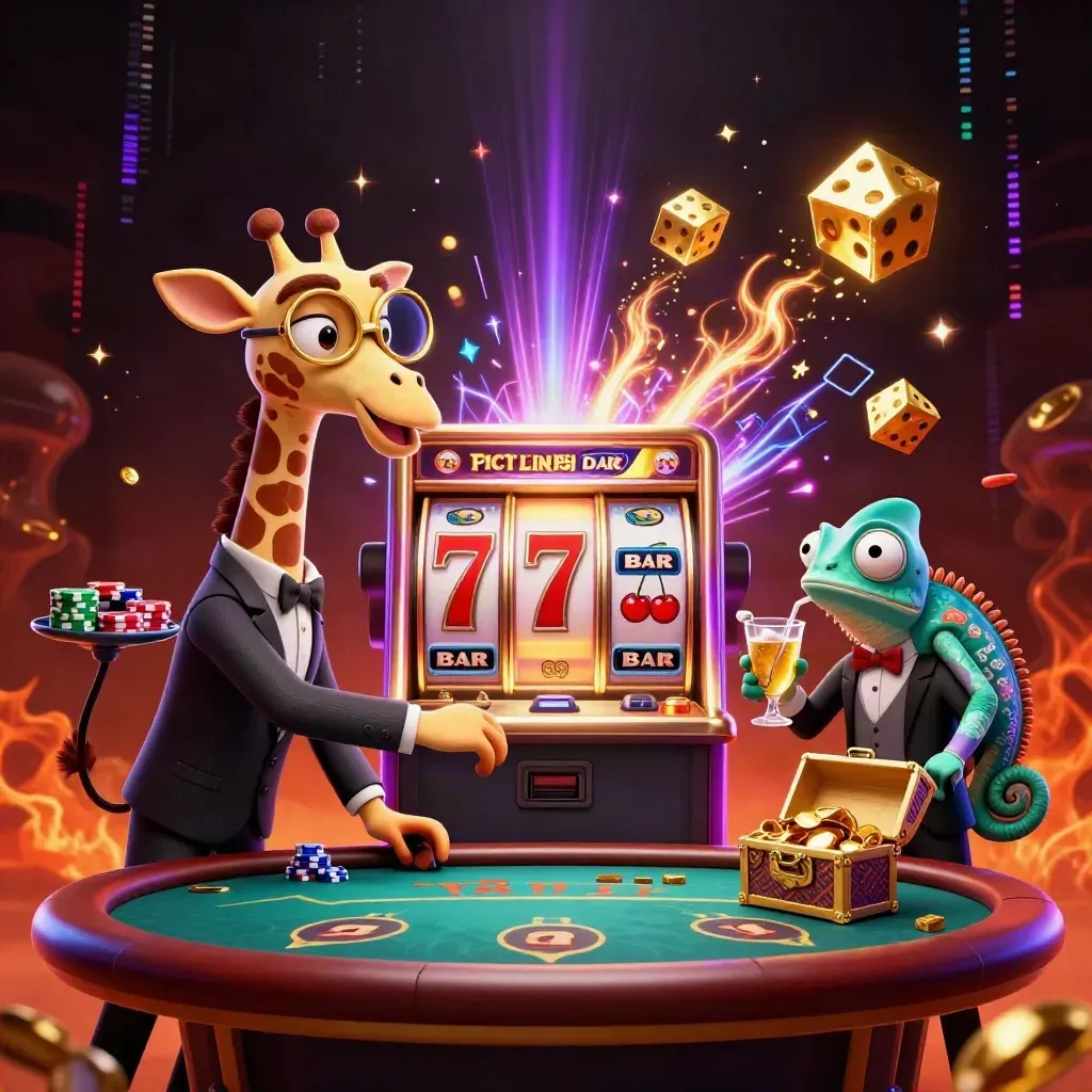 Giraffe high-roller, monkey valet, and chameleon bartender around a bursting slot machine.