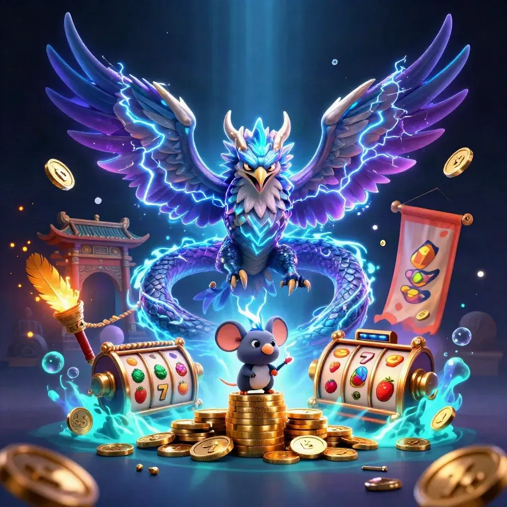 Thunder dragon, wind hawk, and static mouse amid glowing coins, slot reels, and neon temple ruins