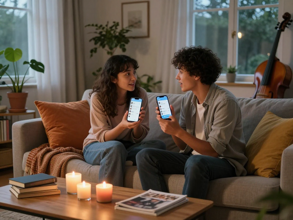 Engaging couple using sex ai chat in a warm, inviting living room.