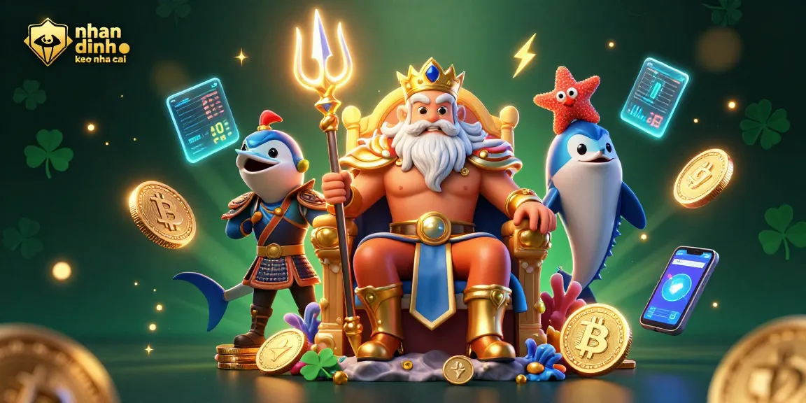 Engaging illustration of "nhan dinh keo nha cai" showcasing a vibrant sea king Neptune surrounded by crypto elements.