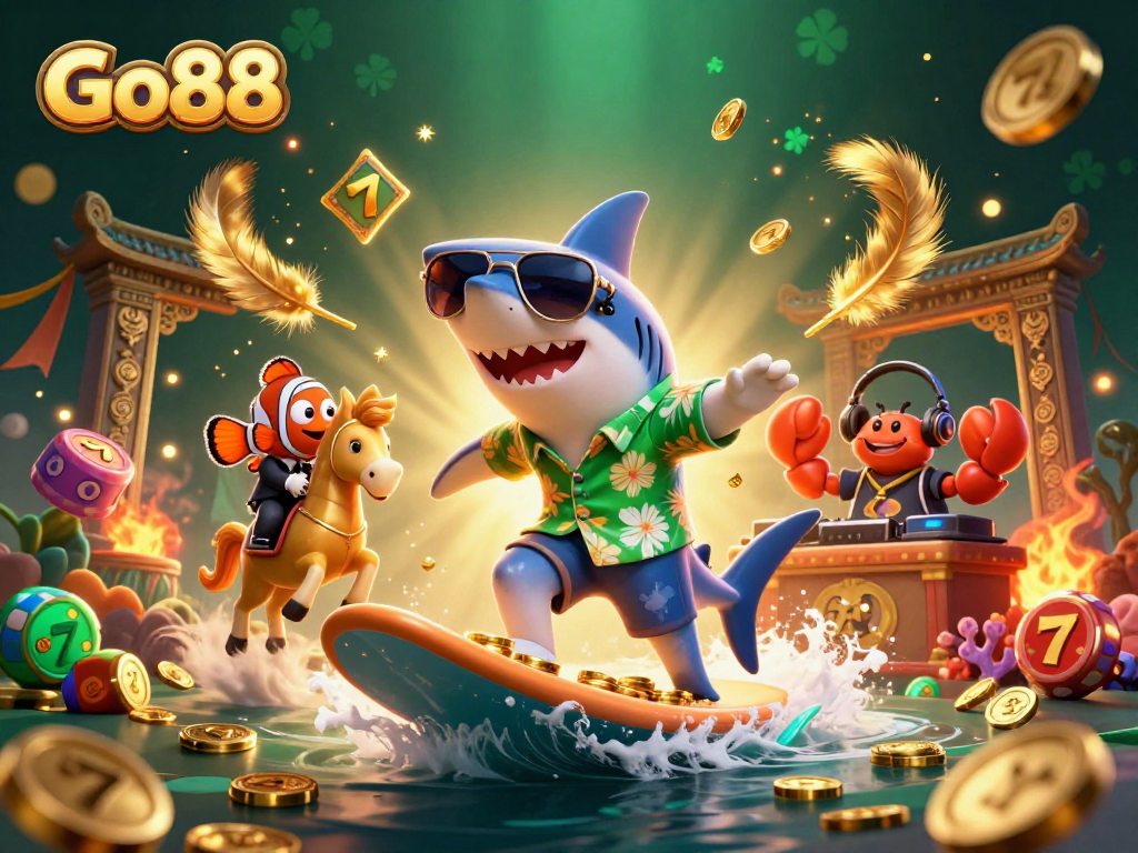 Engage with Go88's vibrant underwater casino scene featuring playful characters and gold coin waves