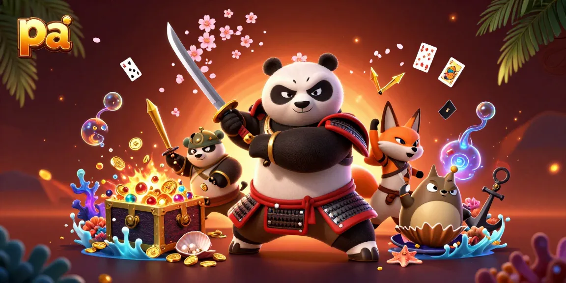Experience thrilling gameplay at pa with a vibrant 3D scene featuring a samurai panda, ninja fox, and magical tanuki.