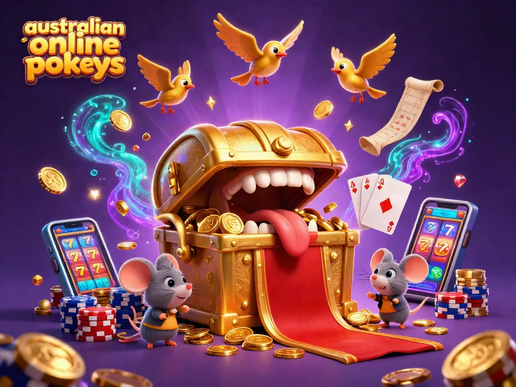 Experience the excitement of australian online pokies with golden treasures and colorful casino elements.