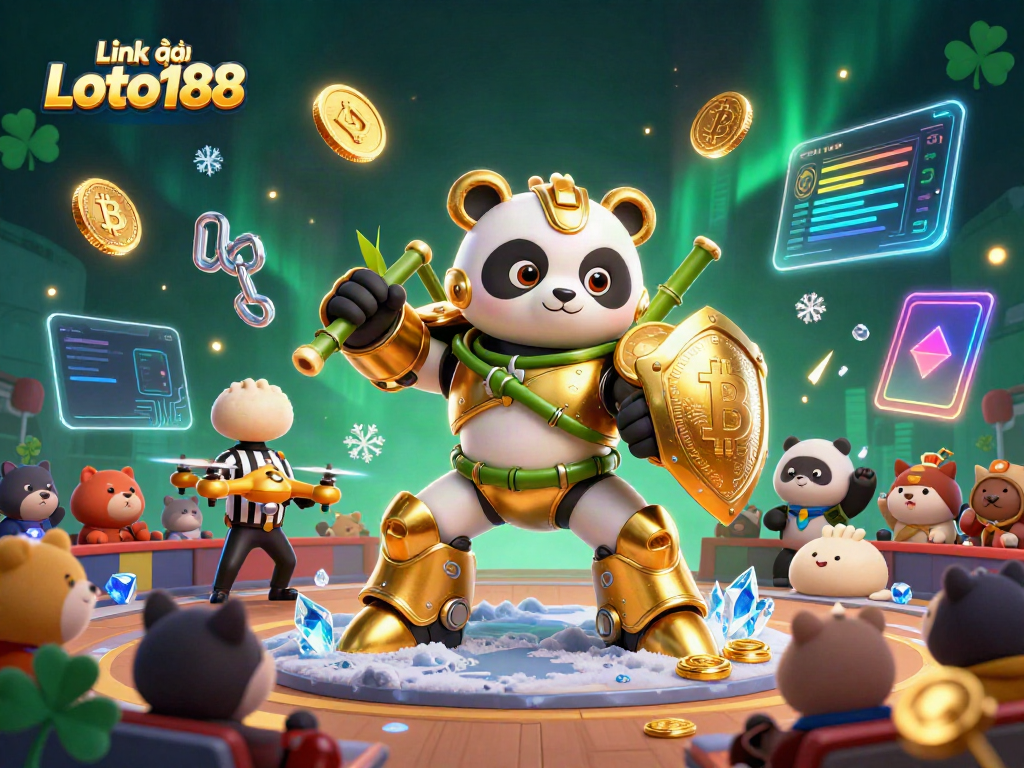 Experience the excitement with Link vào Loto188 featuring a golden panda robot in a vibrant casino arena.