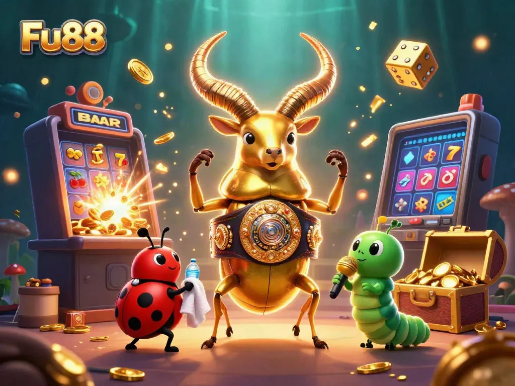 Engage with Fu88: A cartoon beetle champion clashes in a colorful casino scene bursting with excitement.