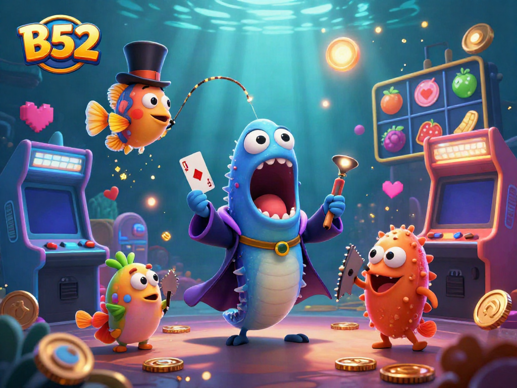 B52 club environment with a bioluminescent eel magician performing card tricks amidst casino slot elements, reflecting engaging gameplay.