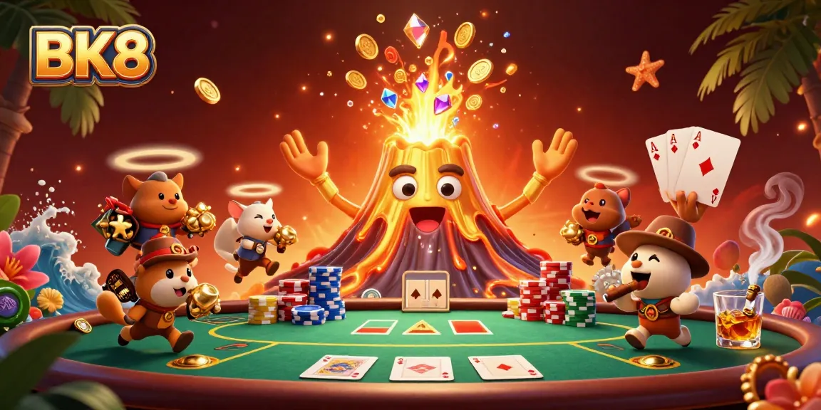 Fleeing treasure hunters and a golden volcano celebrate winning at BK8 casino with poker elements.