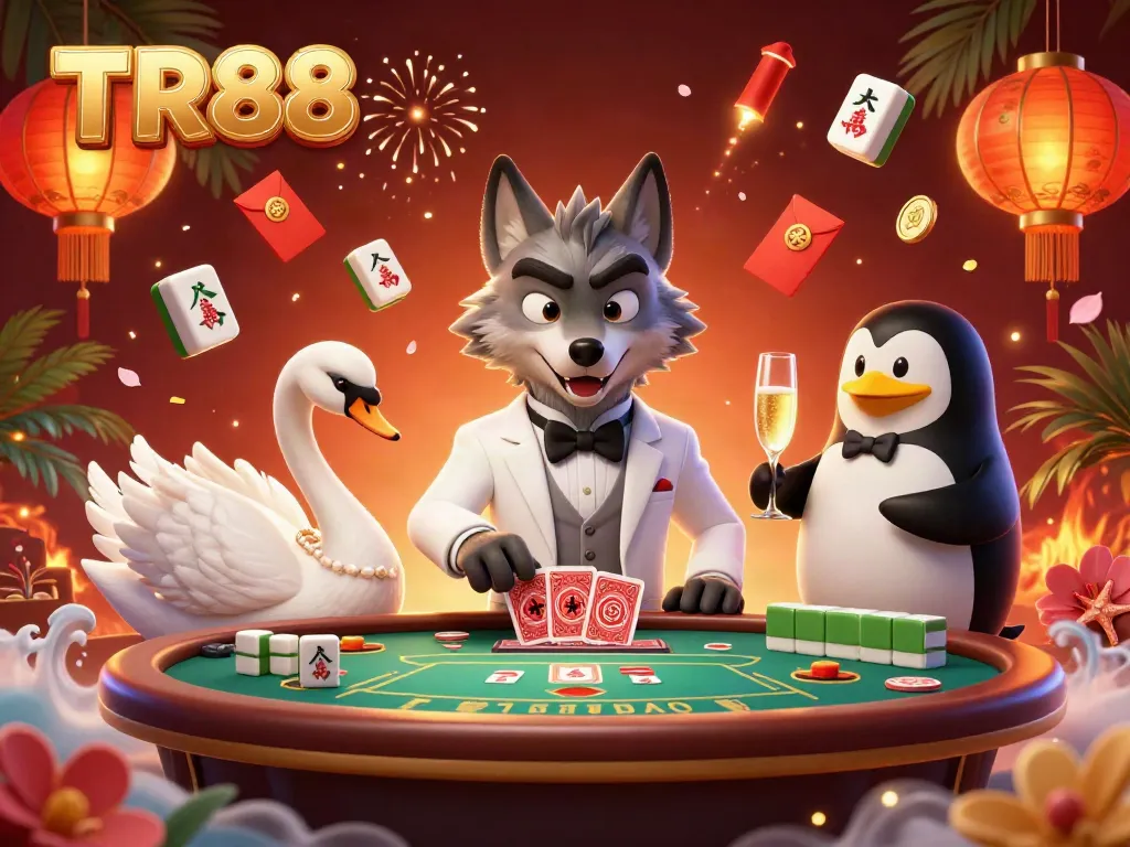 Win at TR88 with a 3D cartoon wolf, swan, and penguin in a vibrant casino scene.