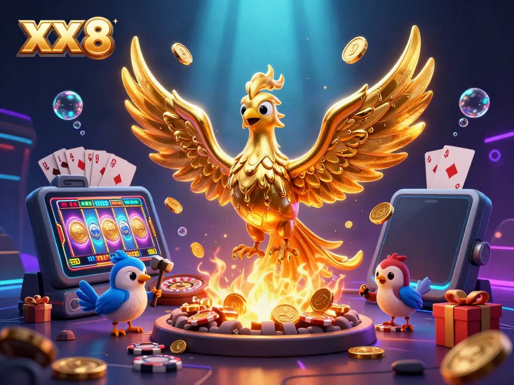 Engage with the vibrant world of XX 8, featuring a molten golden phoenix and exciting casino games.