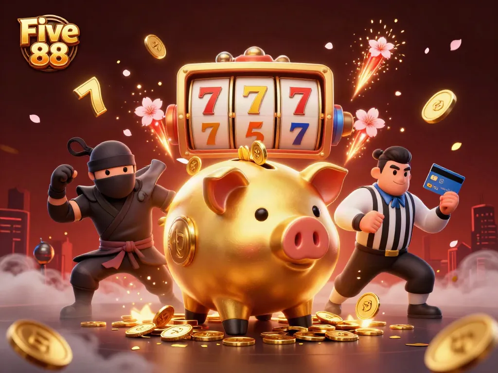 Engage with Five 88's thrilling slots as a golden piggy bank sumo wrestler creates chaotic fun!