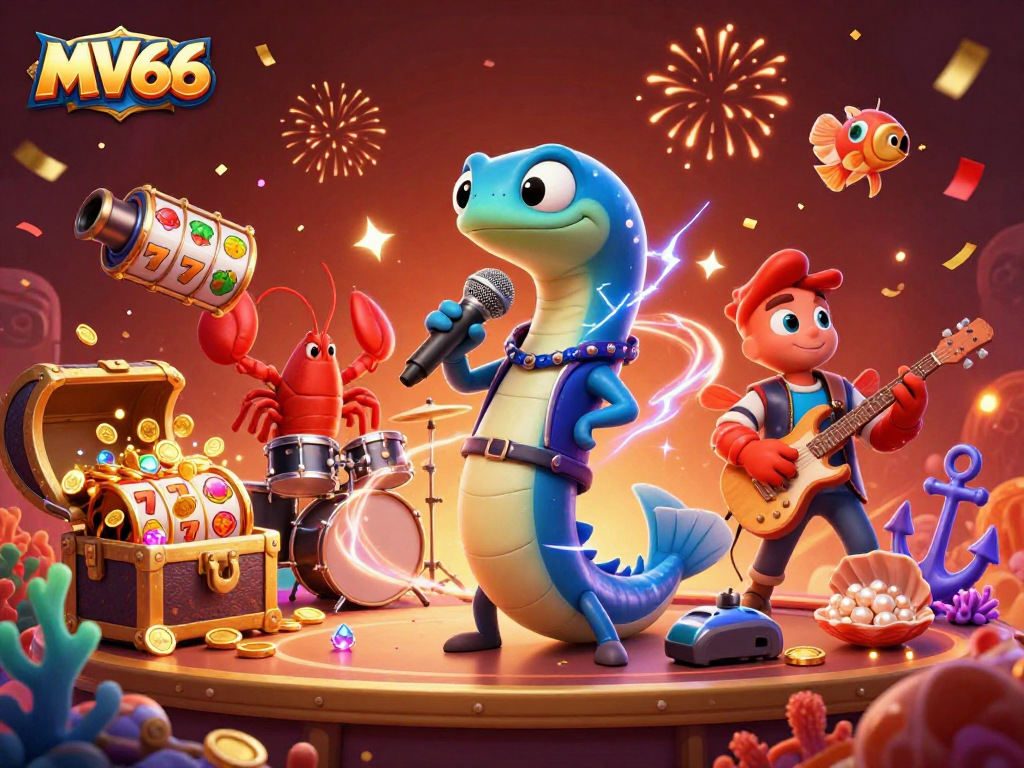 Experience MV66 excitement with an electrifying casino scene featuring a DJ eel and vibrant game elements.