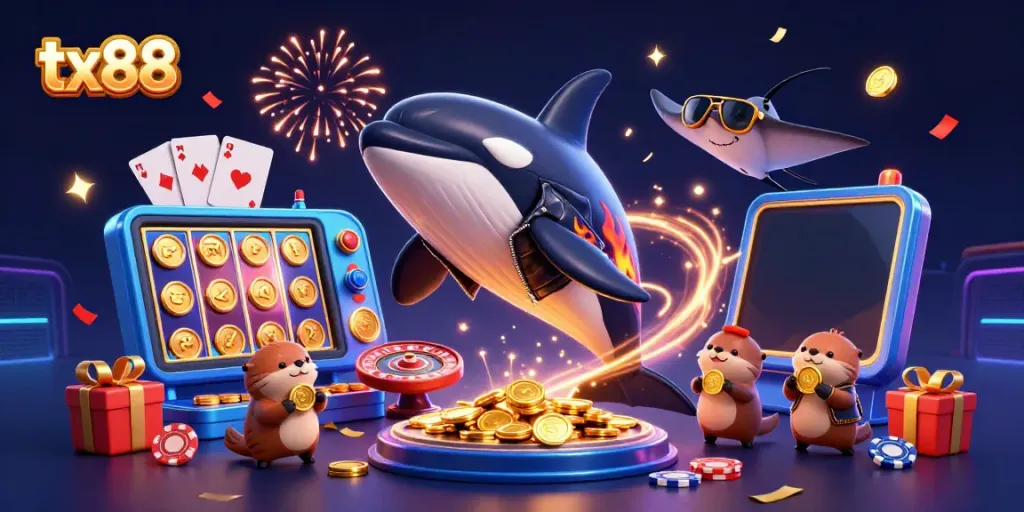 Experience the thrill of tx88 gaming with a vibrant underwater casino scene featuring playful characters and slot elements.