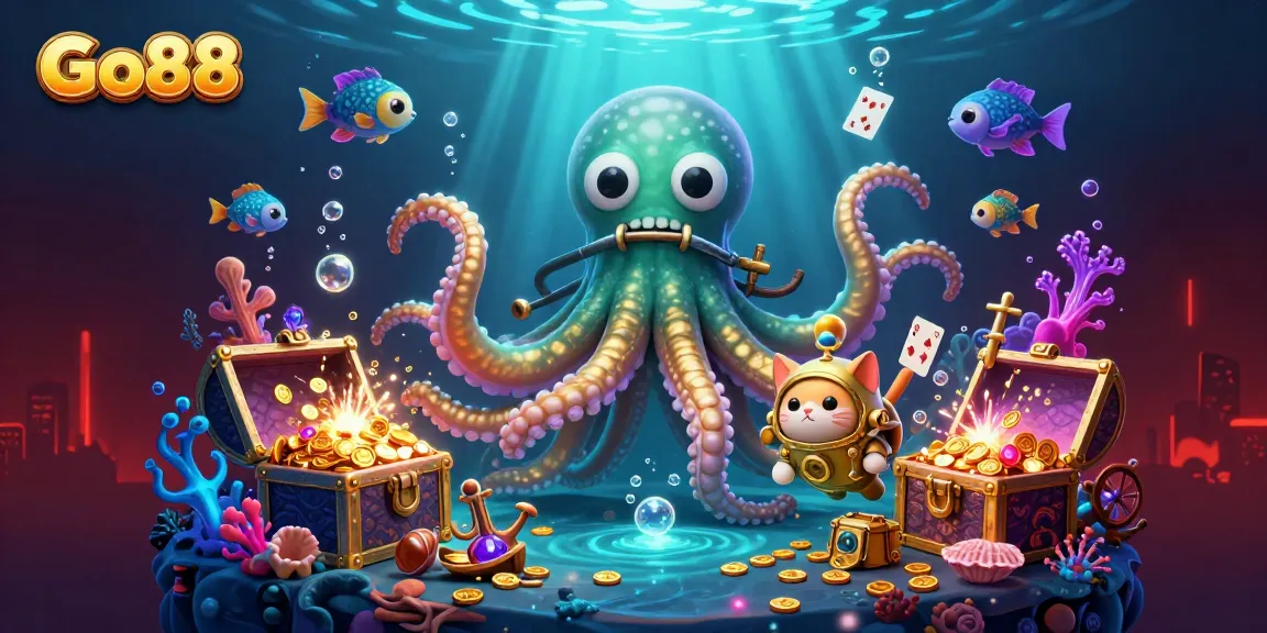 Experience the thrill of Go88 with a vibrant underwater casino scene featuring a kraken, diving cat, and treasure.