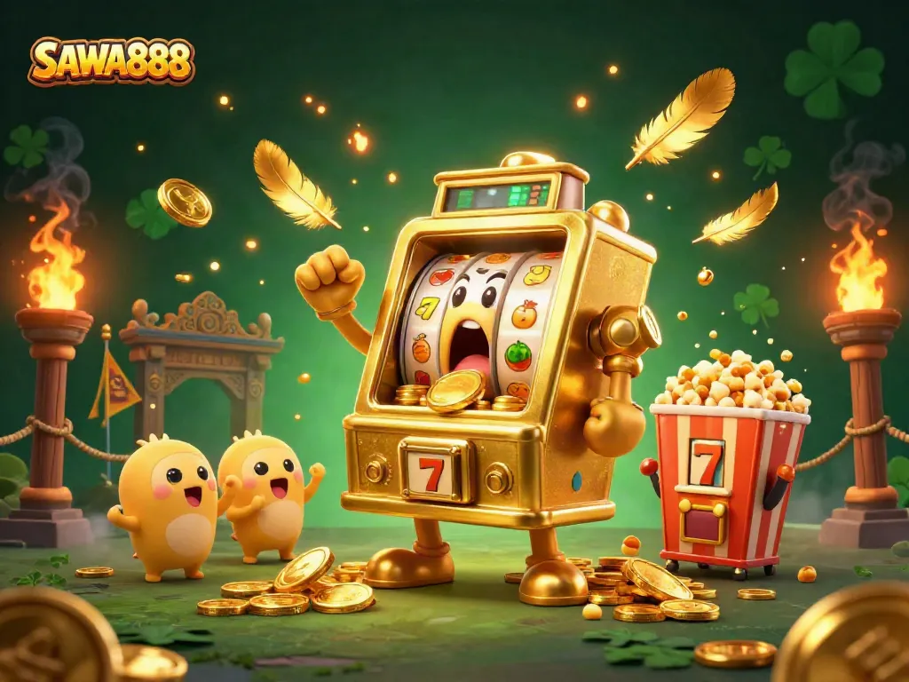 Play SAWA888 slots and see a vibrant jackpot explosion with colorful characters.