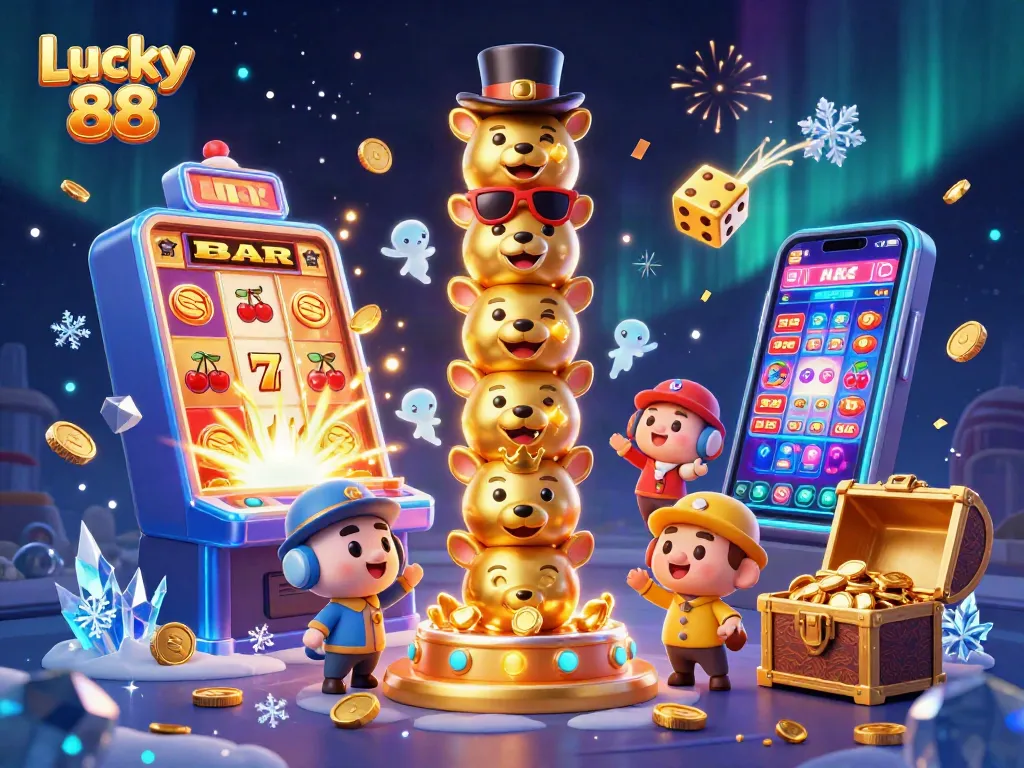 Experience exciting gameplay with Lucky 88's vibrant 3D casino scene of games, jackpots, and fun.
