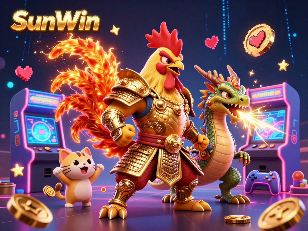 Engage in the vibrant world of SunWin with warriors surrounded by colorful gaming elements bursting with energy.