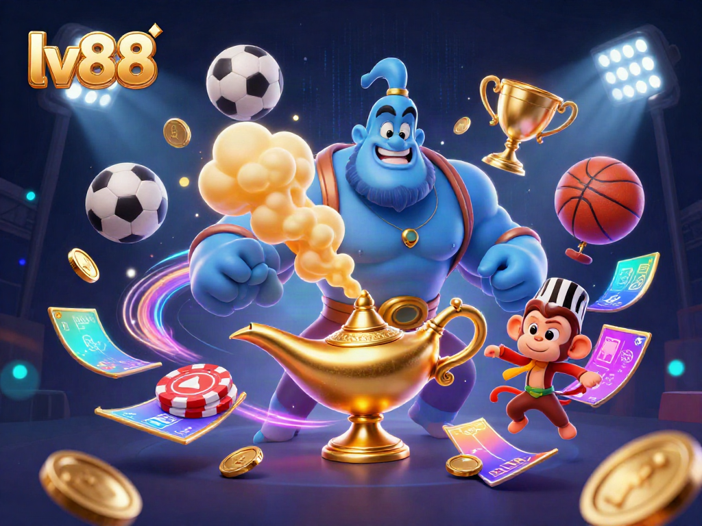 Win big with LV88 in this vibrant 3D casino scene featuring a genie and magical elements.
