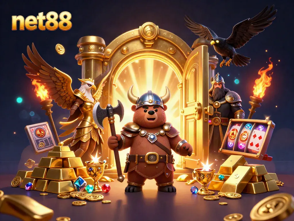 Experience the thrill of net88's online gaming with vibrant characters and gold treasures.