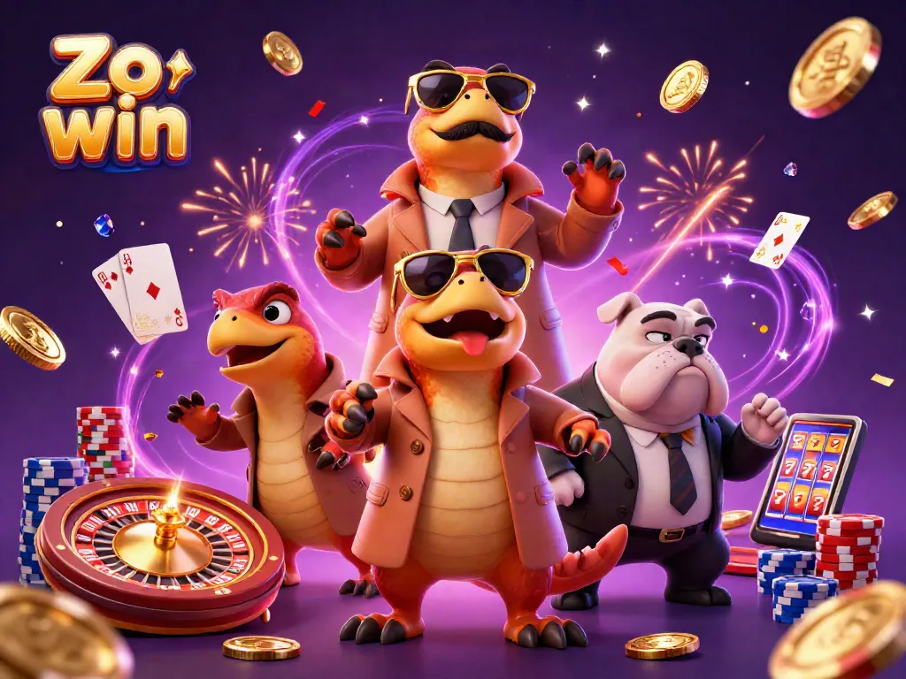Experience Zo win with raptors at a vibrant VIP casino, surrounded by dazzling game elements.