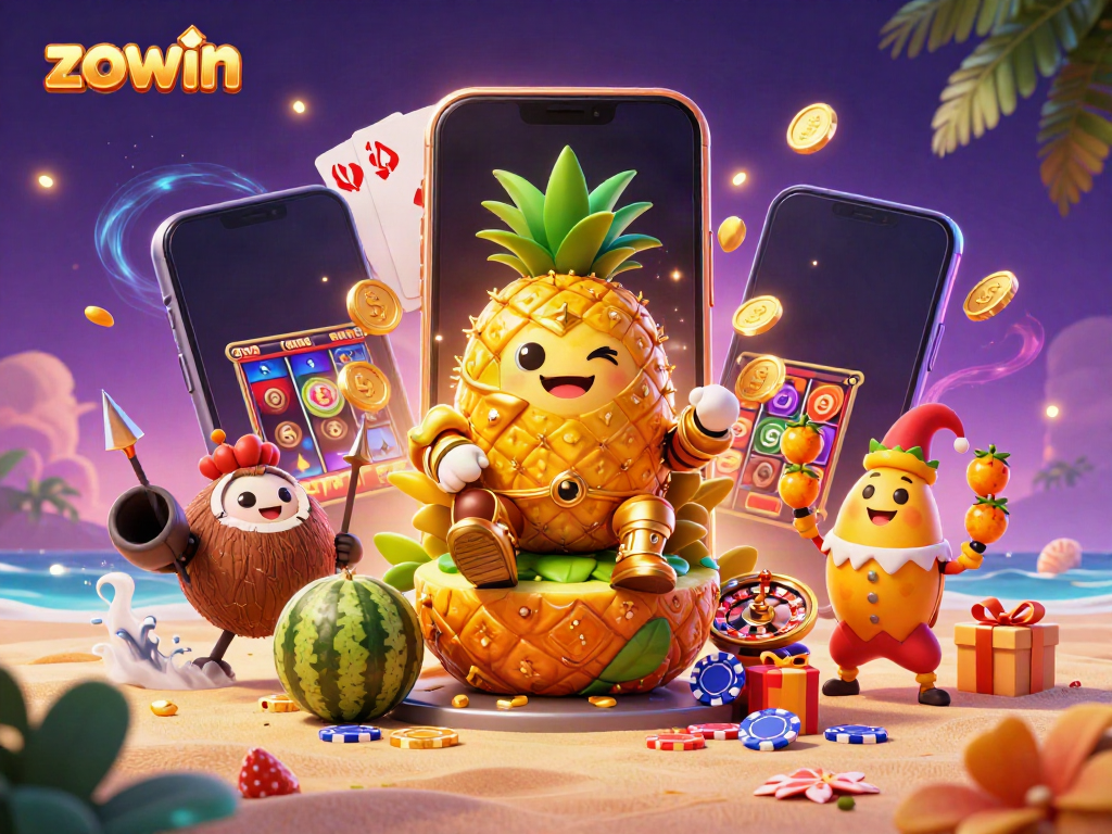 Zowin's vibrant casino scene features a golden pineapple king, coconut guards, and a jester amidst gaming elements.