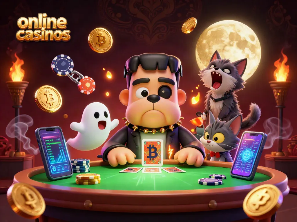 Experience thrilling online casinos with a spooky atmosphere and crypto elements, featuring cartoon characters.