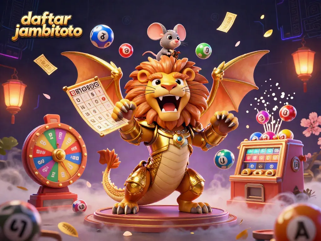 Join daftar jambitoto excitement with a dynamic illustration of a chimera and vibrant lottery elements.