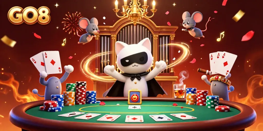 Engage with GO8 in a vibrant casino scene filled with action, colors, and animated characters.