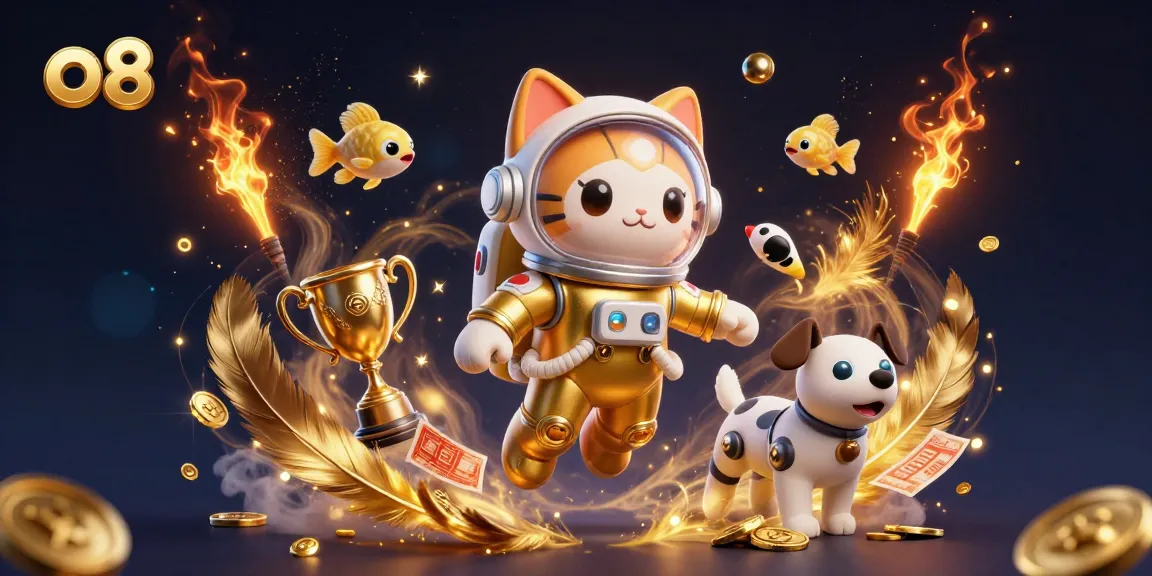 Experience winning with o8 in a dynamic casino-themed 3D illustration showcasing an astronaut cat.