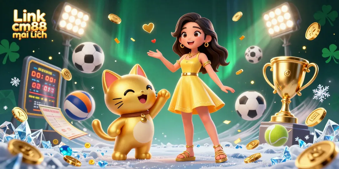 Engage in thrilling gameplay at Link cm88 mới nhất featuring a vibrant casino scene with golden lucky cat and sports elements.