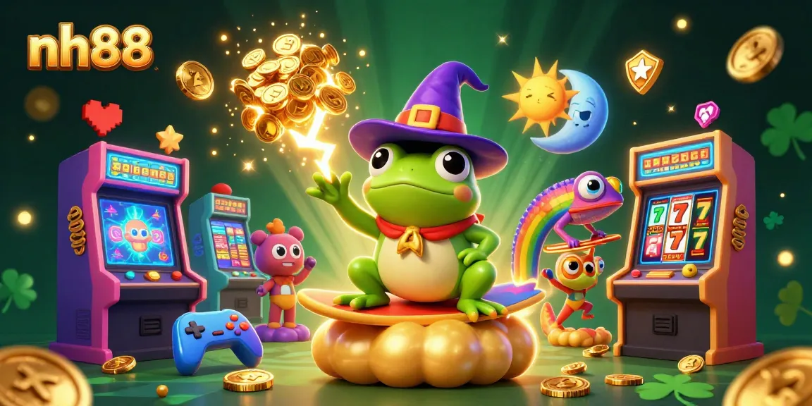 Experience the excitement of NH88 with a wizard frog and chameleon in a dynamic casino scene.