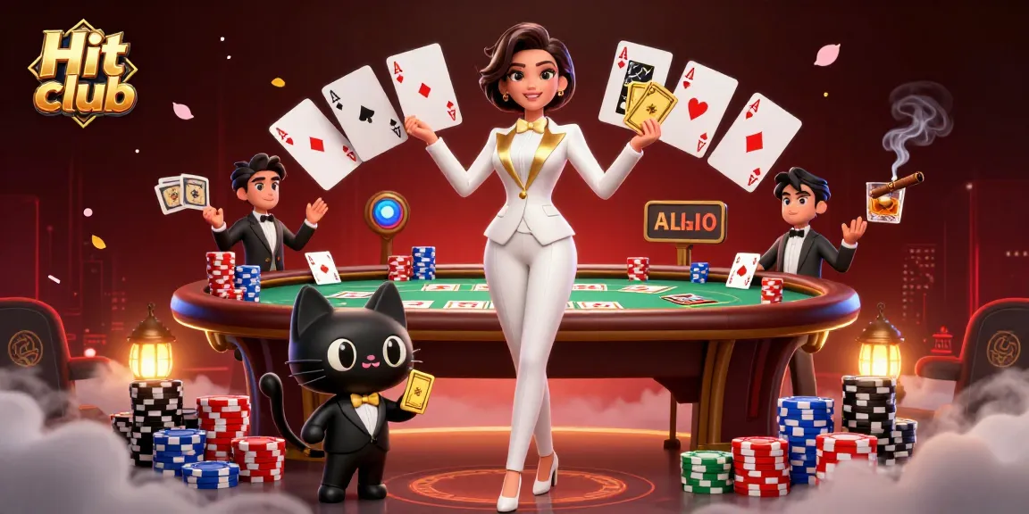 Experience the thrill of Hit club with our glamorous woman and cat at a lively poker table battle.