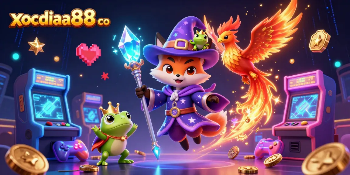 Play thrilling casino games at Xocdia88 co with engaging illustrations of wizards and vibrant arcade elements.