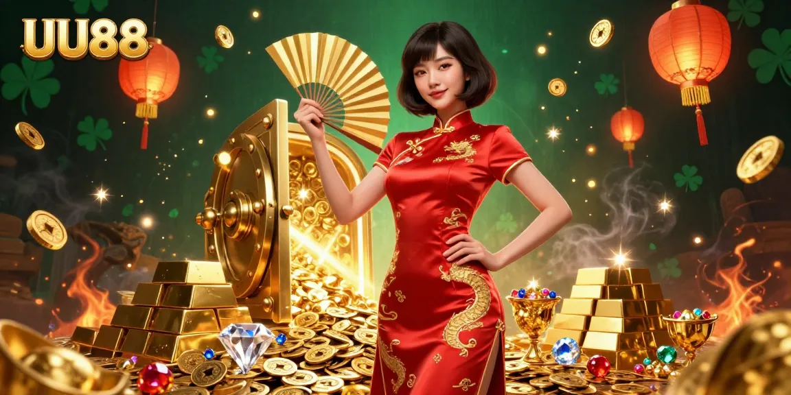 Winning big with UU88 features a beautiful Asian woman in a luxurious setting, showcasing lavish casino elements.