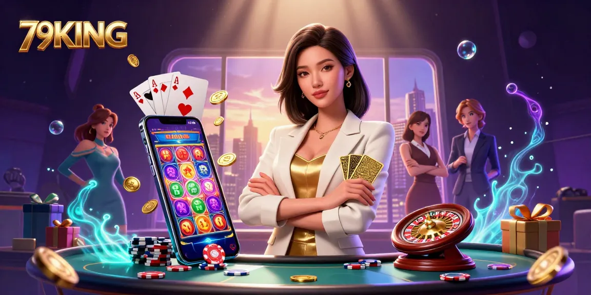 79KING offers thrilling gaming experiences with a glamorous businesswoman showcasing winning strategies in a vibrant casino.
