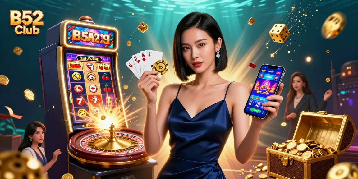 B52 Club showcases a stunning female player holding a chip and smartphone amidst a vibrant casino scene.