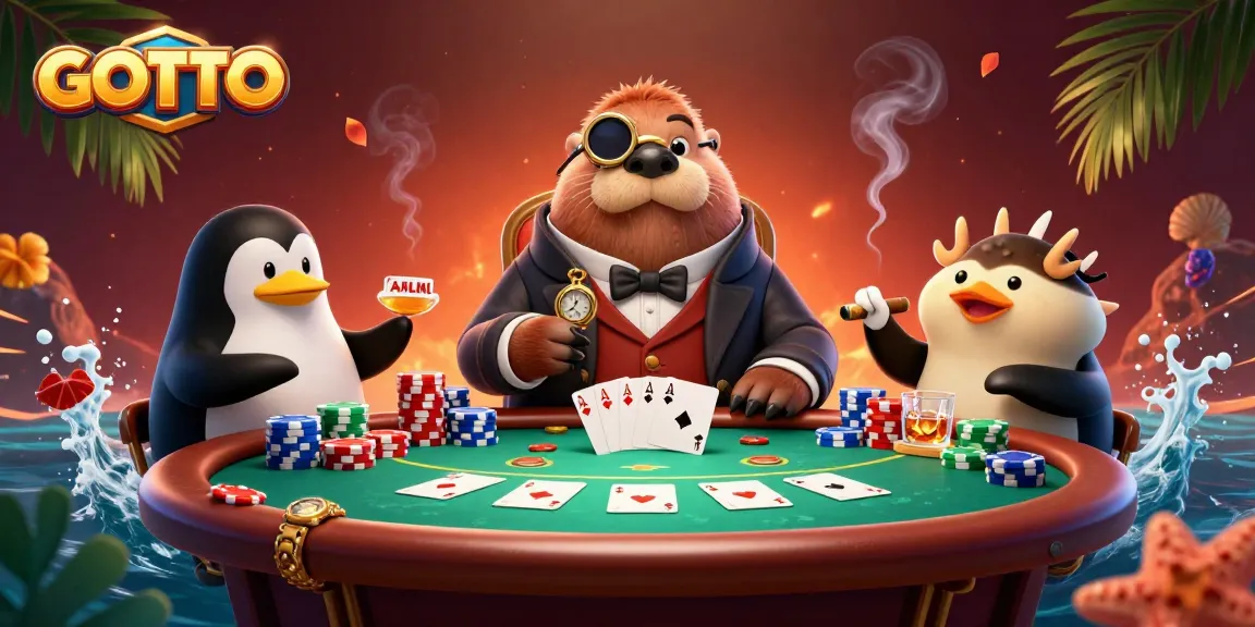 Berinteraksi dengan GOTOTO di permainan poker bawah laut yang menampilkan anjing laut, dealer penguin, dan ikan buntal yang menggertak.