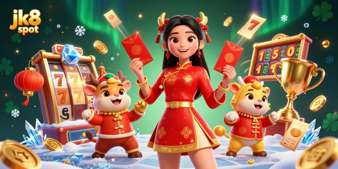 Experience the excitement of jk8 slot with vibrant Asian characters amidst dynamic casino elements.