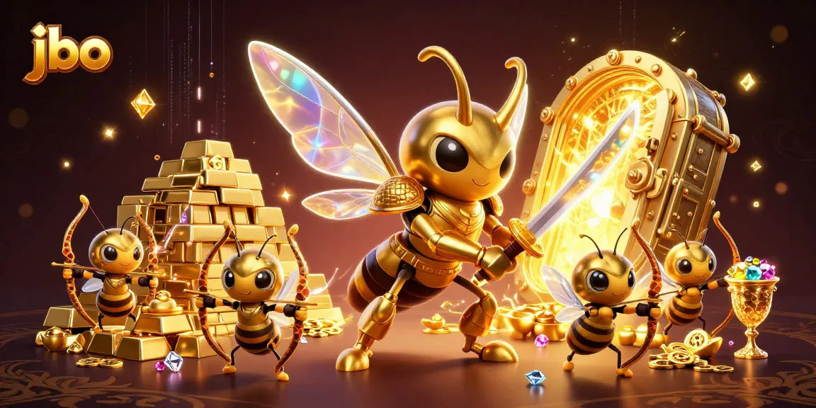 Engage with jbo's thrilling gaming experience featuring a golden hornet warrior in a vibrant casino scene.