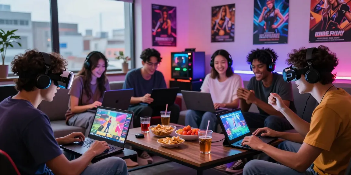Friends enjoying a hentai game session in a vibrant urban loft, surrounded by gaming devices and snacks.
