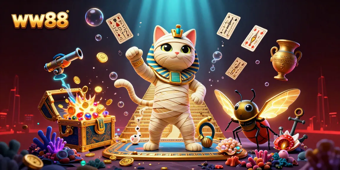 Spin the reels at ww88 with a vibrant 3D Egyptian cat and treasures bursting in a casino scene.
