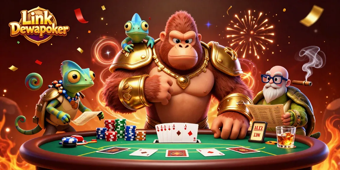 Experience thrilling gameplay with Link Dewapoker as the gorilla king and friends strategize for winning at poker.