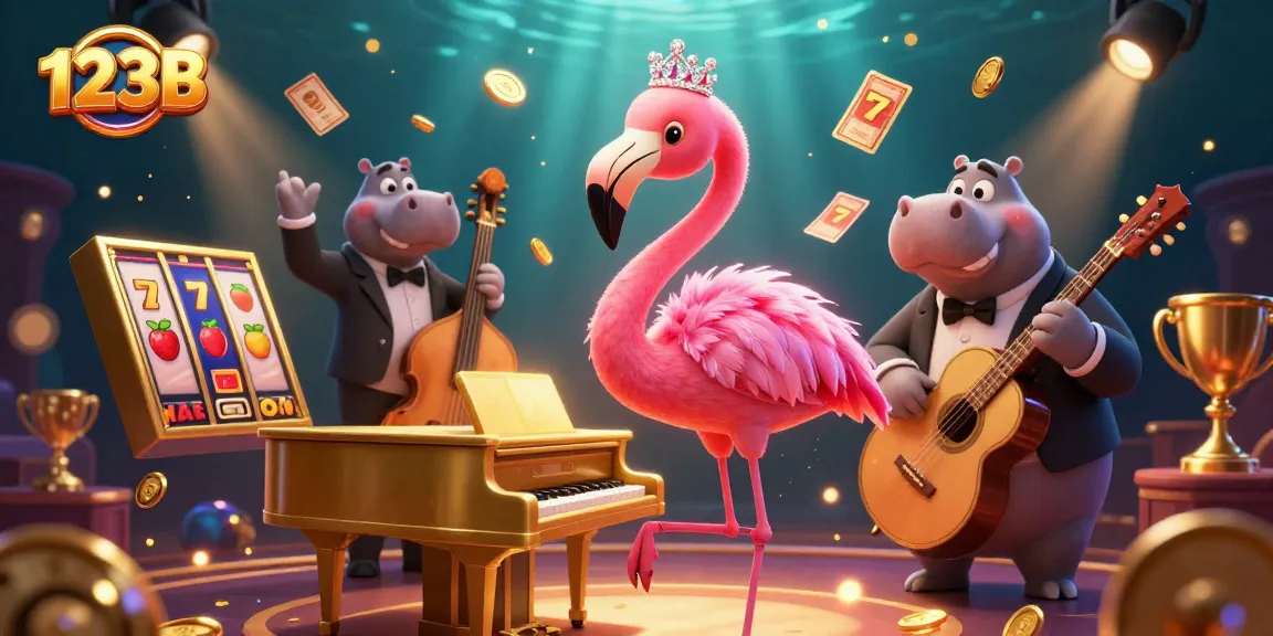 Spin and win with 123B in this lively casino scene featuring slot reels and energetic characters.