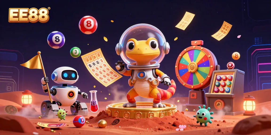 Experience EE88's vibrant casino lifestyle with a Martian gecko winning big amidst colorful game elements.