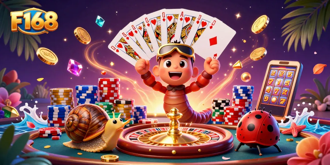 F168 players enjoying a vibrant casino scene with a cartoon millipede dealer and exciting game elements.