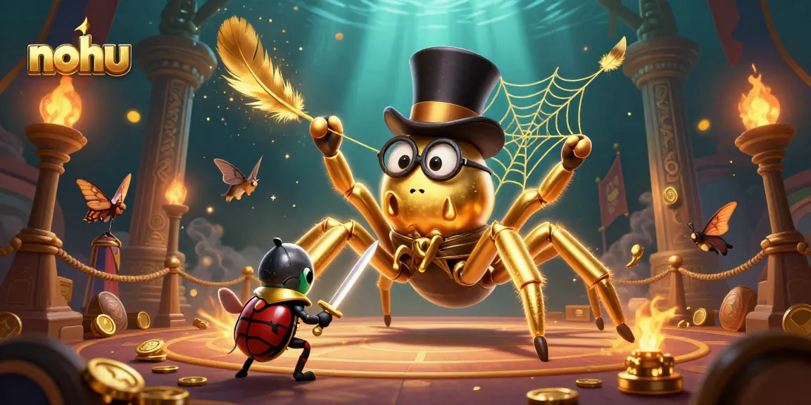 NoHu invites players into a vibrant casino scene featuring a golden tarantula and a brave beetle knight.