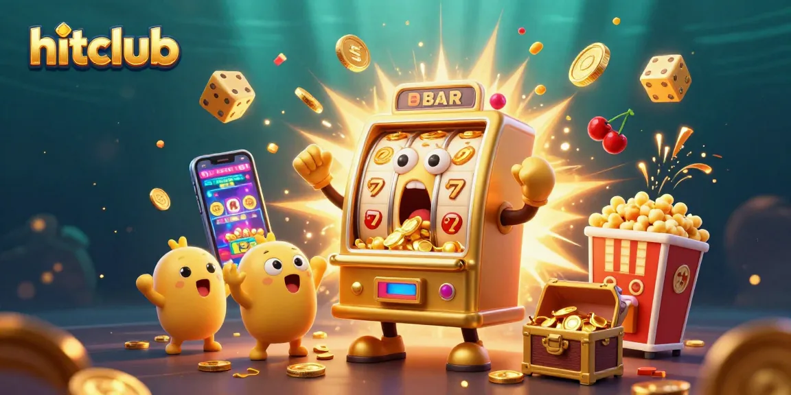 Experience the vibrant hitclub casino scene as a slot machine achieves a jackpot with gold coins bursting out.