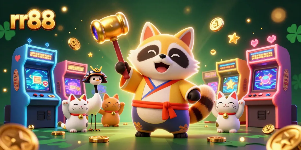 Experience the luck of rr88 with a cheerful tanuki and festive elements in a vibrant casino scene.