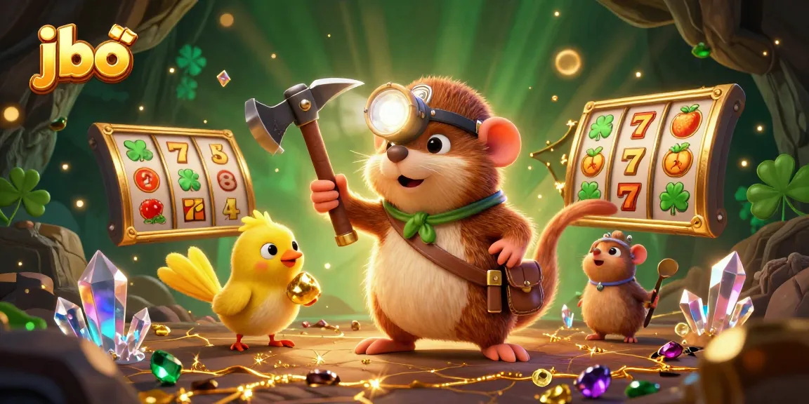 Join the action at jbo with a cartoon mole and canary celebrating casino jackpots amidst vibrant slot symbols and shimmering gems.