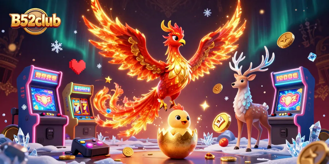 B52club engages players with a dynamic casino scene featuring a phoenix and gaming elements.